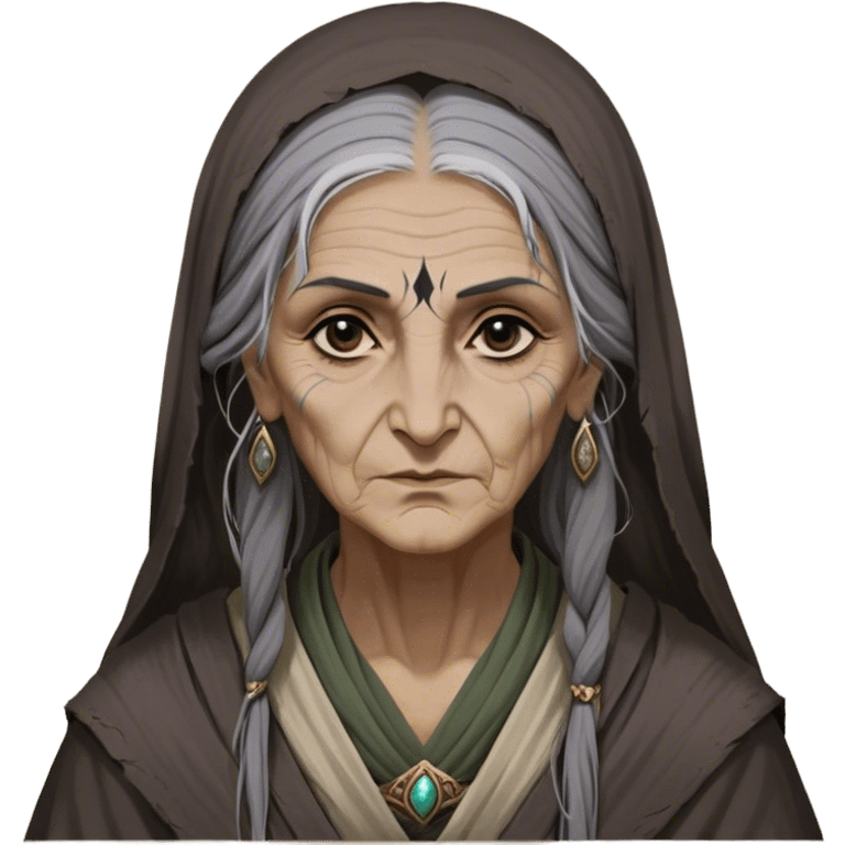 Mirri Maz Duur is a weathered, old Lhazareen woman with deep-set dark eyes, high cheekbones, and a sharp nose, giving her a stern, knowing expression. Her long, unkempt dark hair streaked with gray falls loosely over her shoulders, and her earth-toned, tattered robes mark her as a humble healer. Despite her frail appearance, she exudes an aura of mystery and menace, her hands stained with herbs and blood from both healing and dark sorcery. emoji