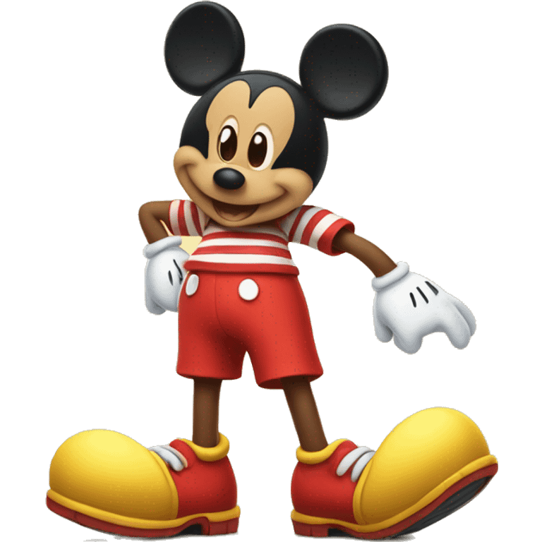 Mickey Mouse wearing red shorts and big yellow shoes, smiling happily. emoji