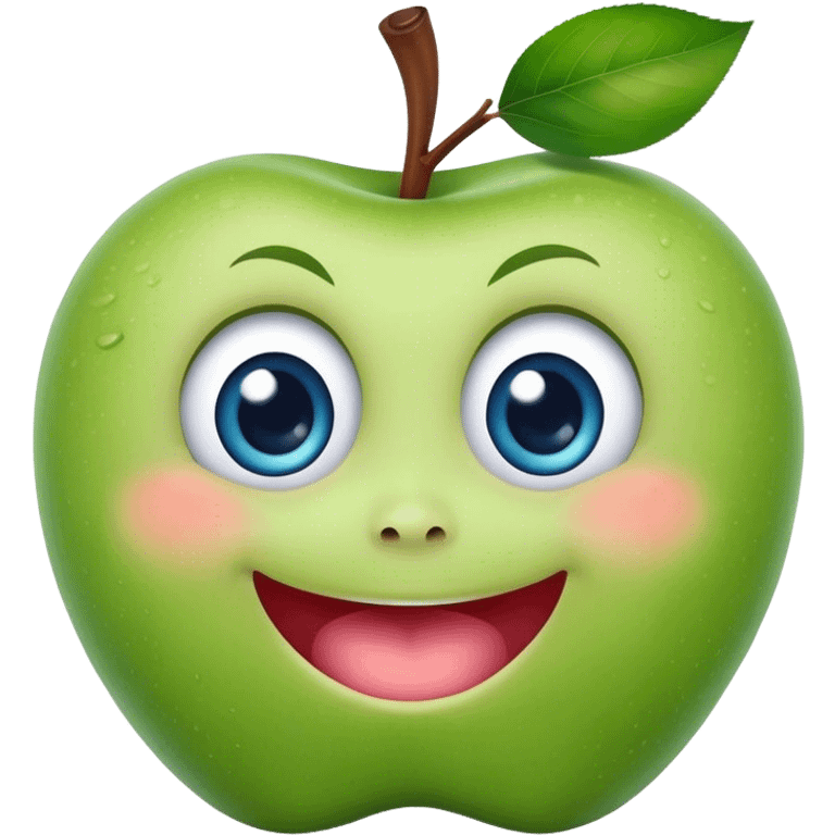 A cute green apple with a big smile and blue expressive big eyes emoji