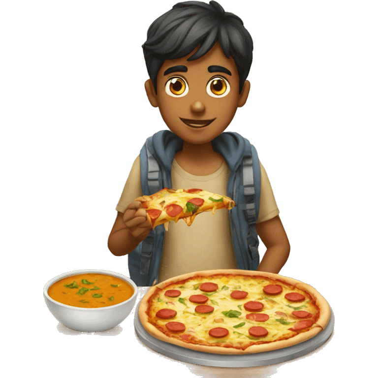 Indian boy having pizza with egg curry  emoji