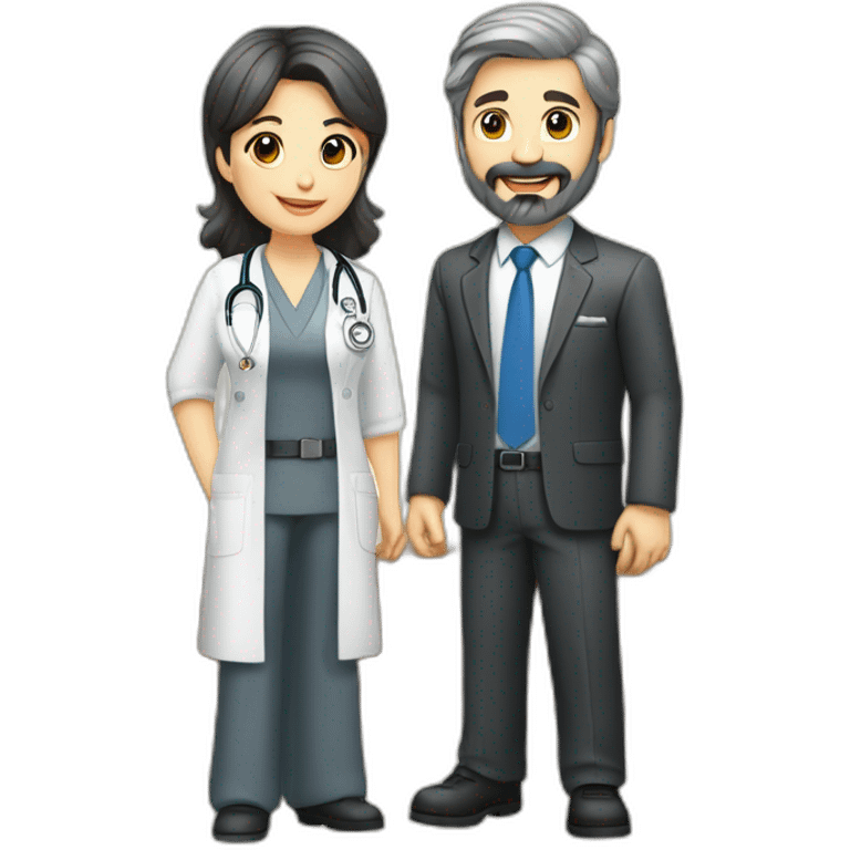 husband caucasian dark gray hair trimmed beard wearing business suit holding bible, wife asian age 55 dark hair nurse uniform, no children emoji