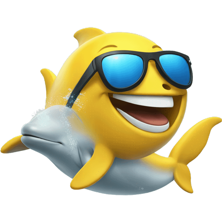 yellow emoji face with sun glasses riding dolphin emoji