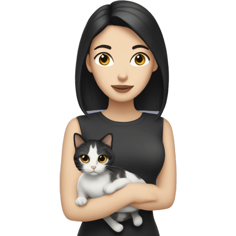 Pale woman with black hair holding a tabby cat emoji