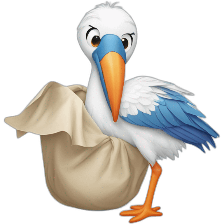 White stork carrying a blue bundle of cloth in its big beak that has a cute human person cute baby boy inside and his head is peeking from the fabric the strok is carrying in its beak emoji