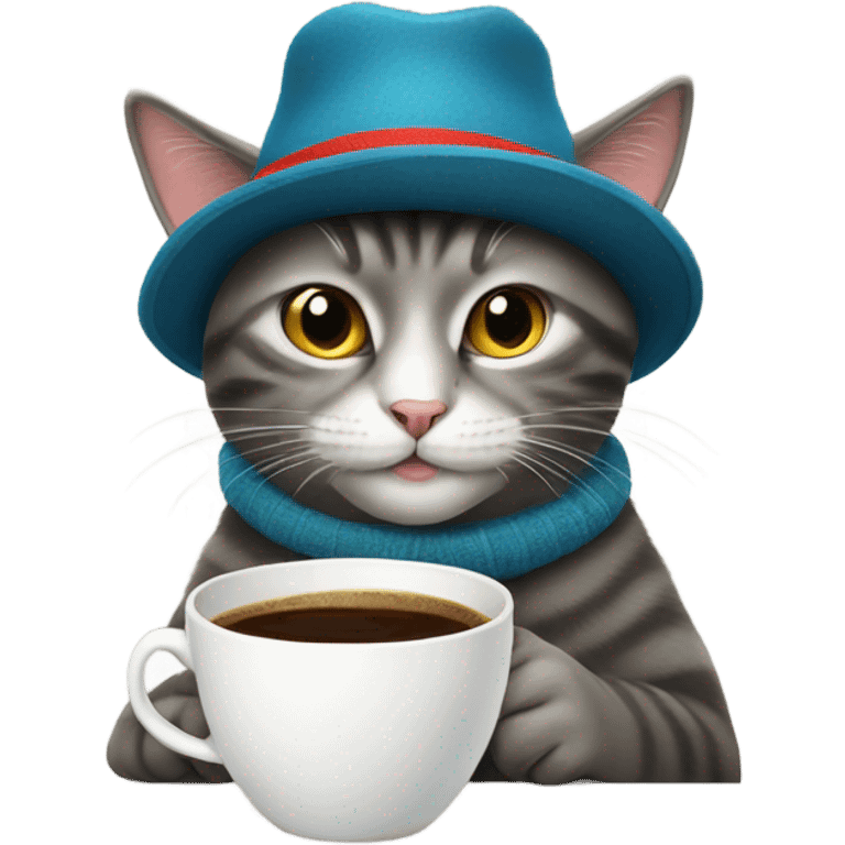 russian cat drinking coffee wearing hat emoji