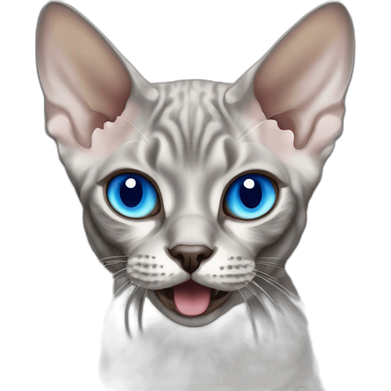 grey Devon Rex cat with blue eye open mouth emoji