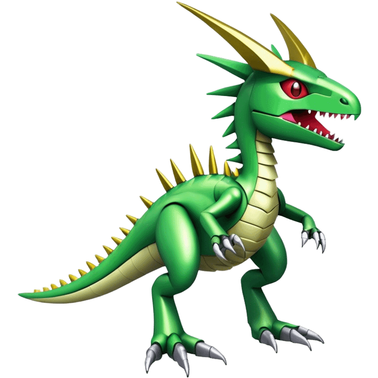 Spiky Cool Edgy shiny colorful Digimon-Fakemon-Flygon-Velociraptor-Mecha, full body, two legs emoji