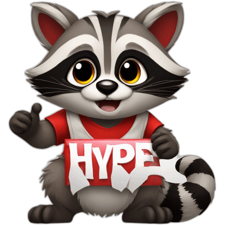 anime raccoon holding a sign that reads "hype" in red font emoji