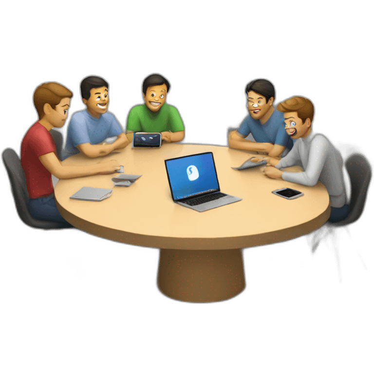 5 Developers with MacBooks sitting in a room with around a circular table and two tv on a wall behind emoji