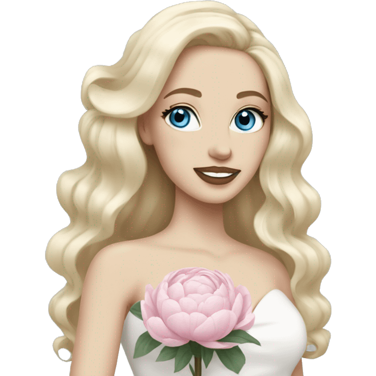 White bride with long light blonde hair and blue eyes with light pink peonies in hair white skin  emoji