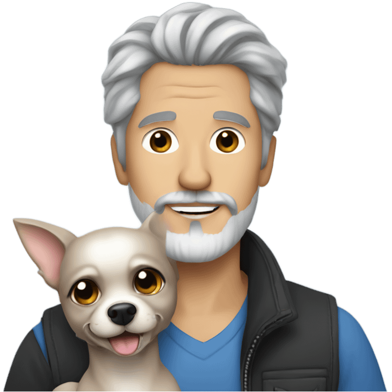 Handsome man, with blue eyes, grey hair, and grey goatee beard, holding a long haired black chihuahua emoji