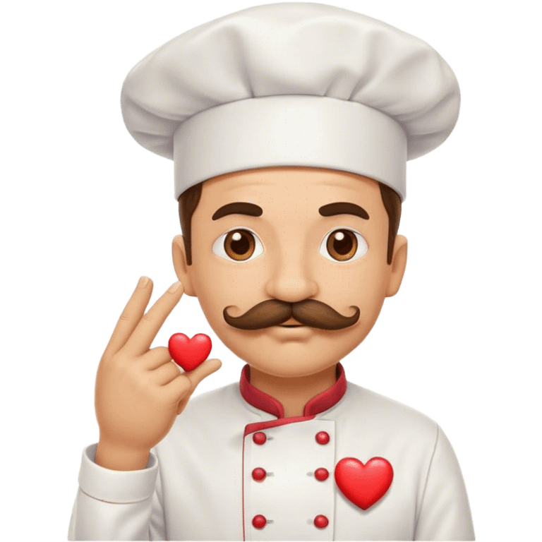 Mustachioed chef giving big emoji kiss to his pinched together fingertips hand with a heart emoji emoji