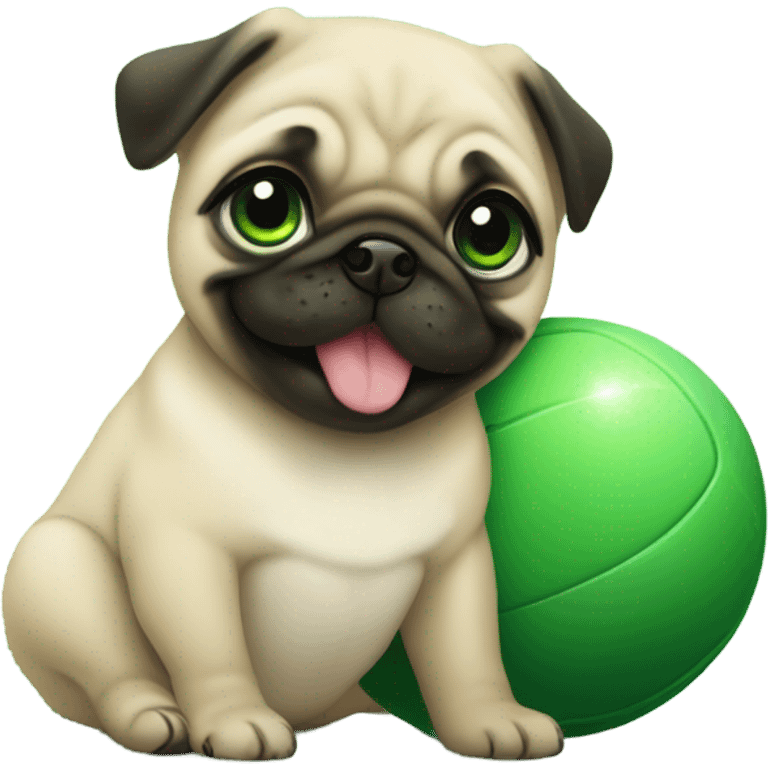 Cute Smiling Baby pug with green eyes playing with a green ball emoji