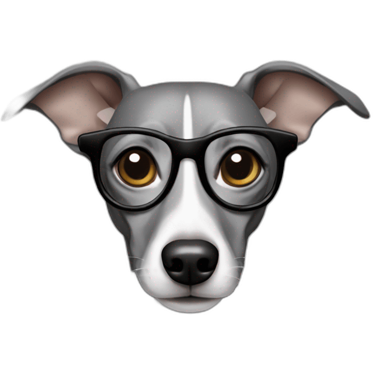 Italian greyhound female, gray color with white chest, wearing glasses emoji