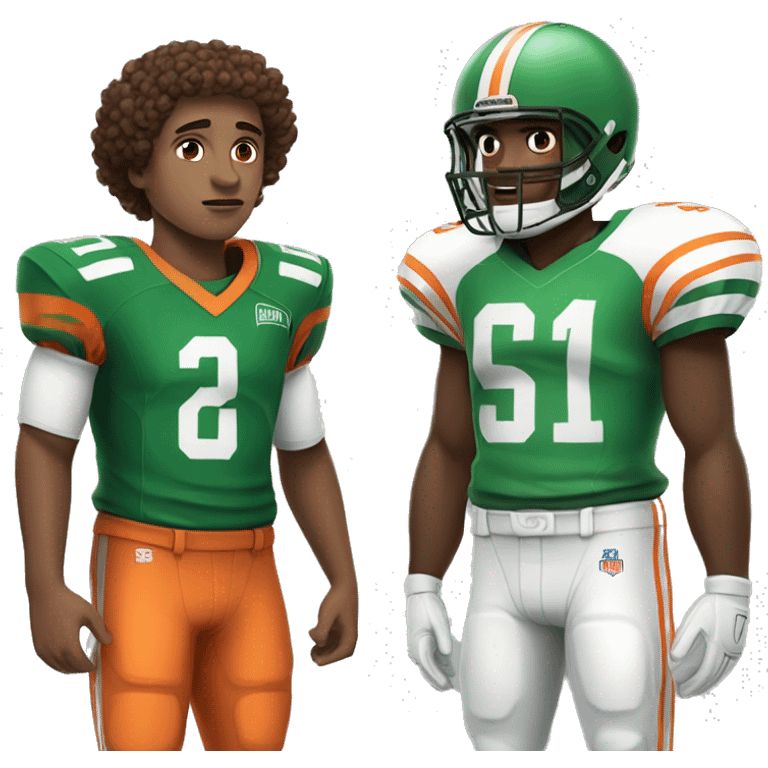 white boy with curly brown hair Football player in green and white jersey, facing off with football player in orange and black jersey emoji