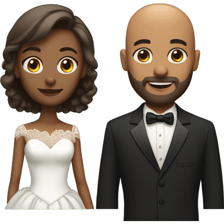 brown skin bald man with beard in tuxedo and brown skin woman with short hair Marriage emoji