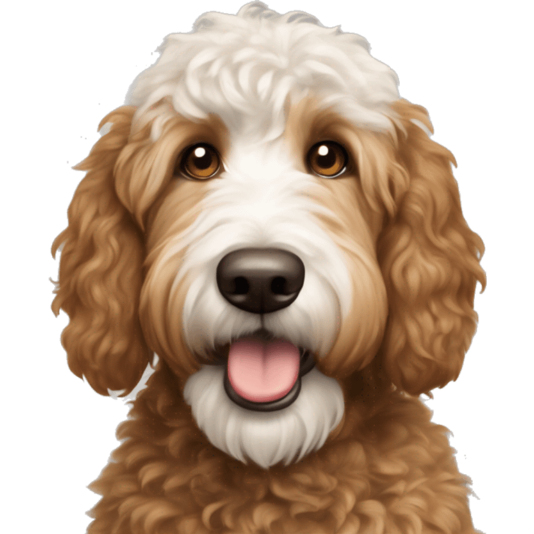 Brown and white patches Golden doodle dog showing tongue white head white eyes brown ears and brown patch on top of head fluffy head emoji