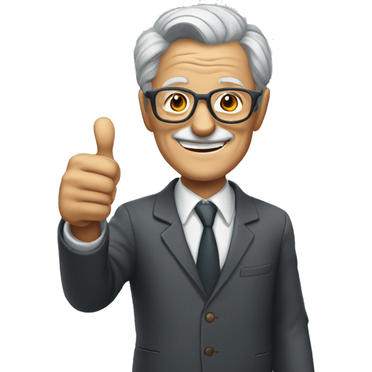 smiling old man with grey hair on the side and light glasses in a suit with thumb up emoji