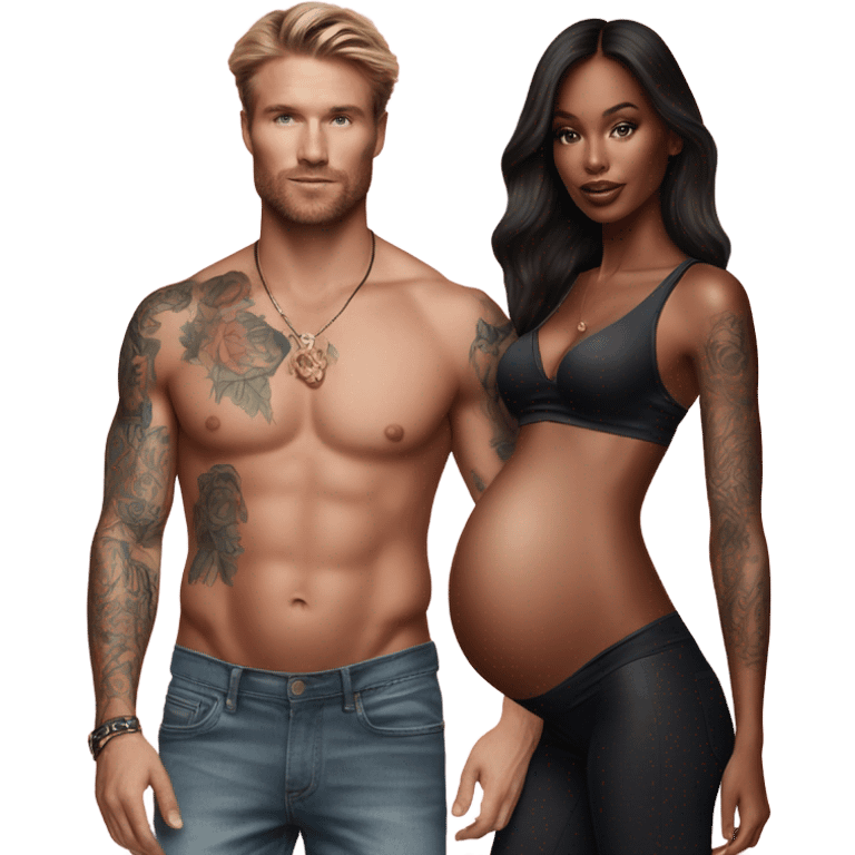 Photo of a Victoria secret model pregnant Standing next to a tattooed male model  emoji