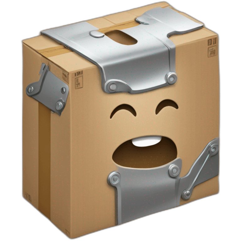 metallic mechanic pieces around a cardboard box emoji