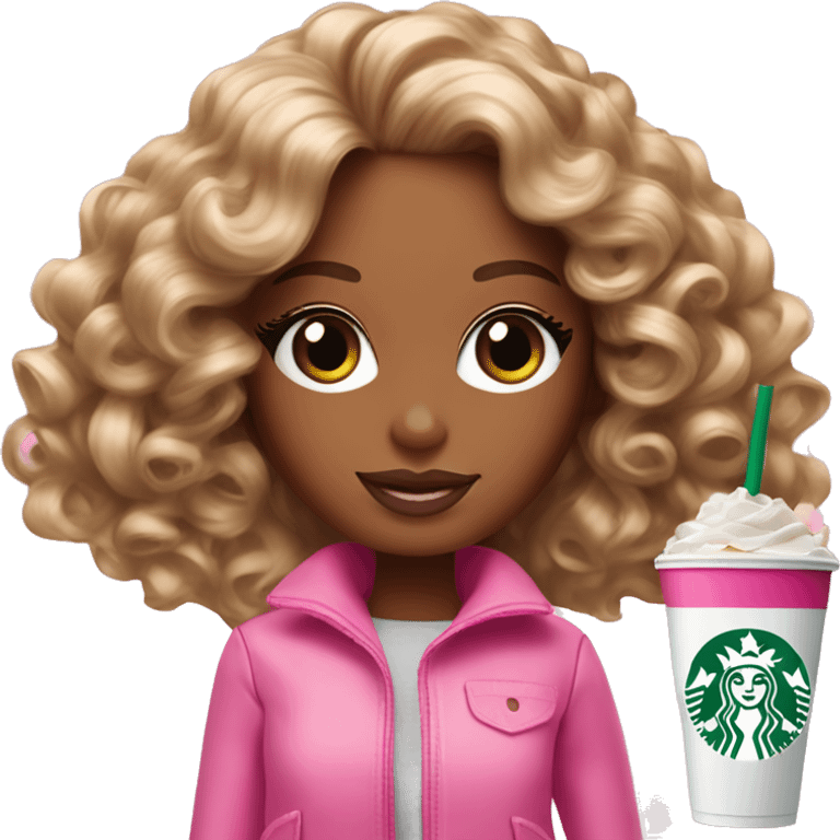 Barbie girl with curly hair holding Pink starbucks refresher emoji