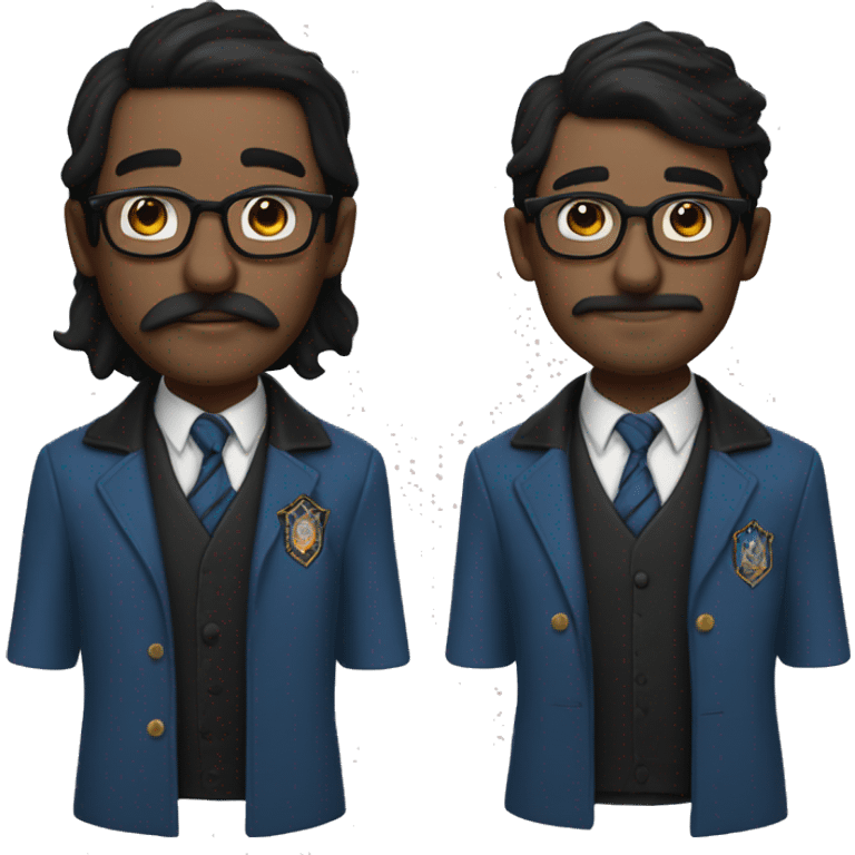 man with white skin, black longer and straight hair, mustache, glasses, with a magic hat, ravenclaw emoji