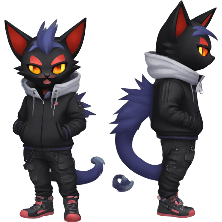 Cool Anthro Black Noibat-Quilava-Litten-Pokémon with edgy stripes hoodie spiked collar punk Full Body emoji