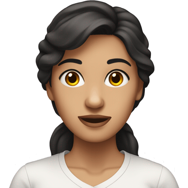 A woman with dark hair and hazel browm eyes, waering a white shirt emoji