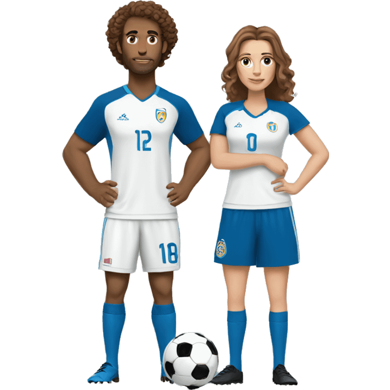 A white soccer player in a blue jersey with brown curly hair with his shorter long brown haired wife standing next to each other emoji