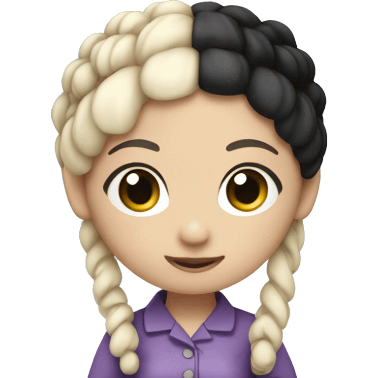 toy doll, full body standing, with pale skin, and smooth black hair tied at the sides with pigtails emoji