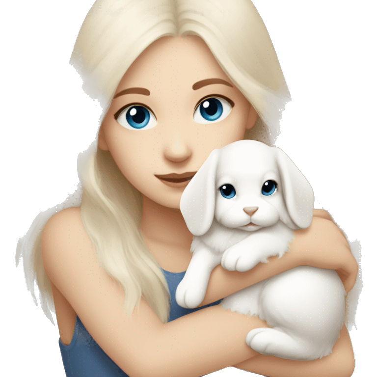 Beige hair blue eyes girl hugging a white mini lop emoji