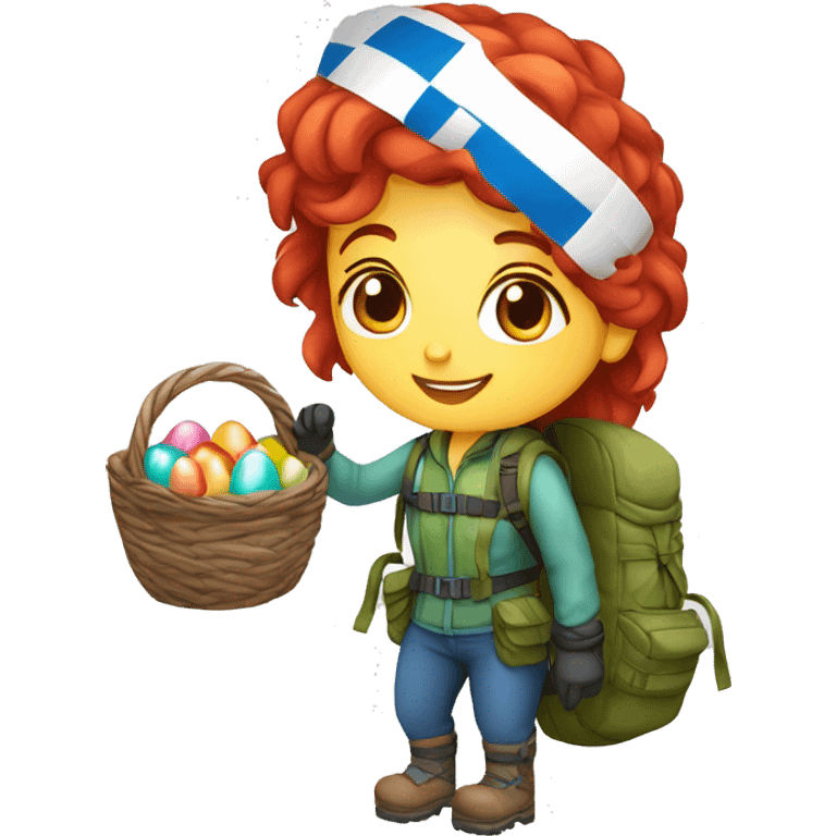 Female winter mountain climber red loose hair climbing with Greek flag on backpack and holding Easter eggs basket emoji