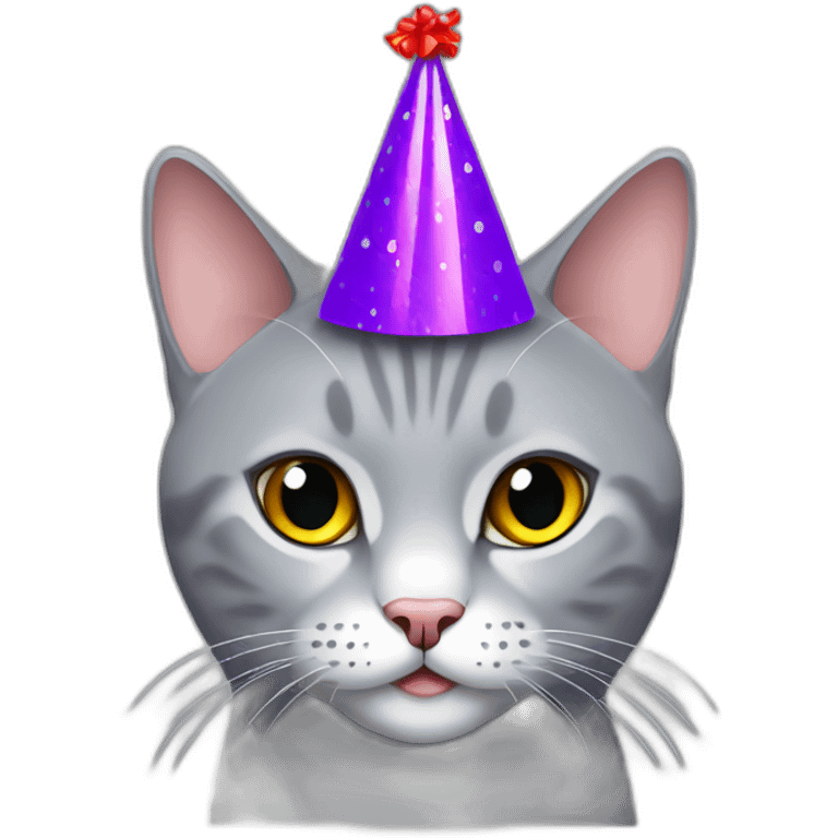 Grey British short hair cat wearing a party hat emoji