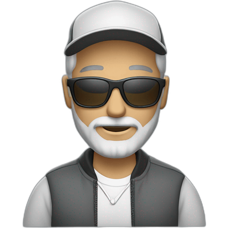 gray-haired man with a beard and mustache in sunglasses wearing a baseball cap on his head in a sports jacket emoji