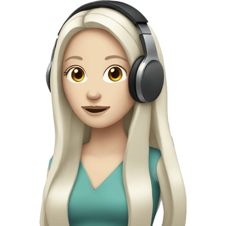 Pale white woman with long black hair wearing headphones emoji