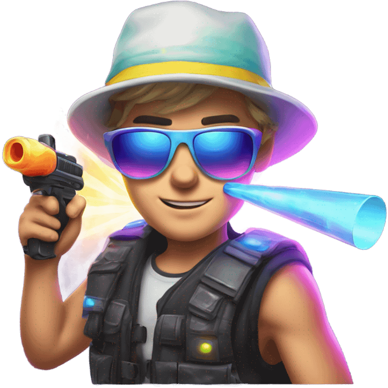 Caucasian boy in glowing rave gear with sunglasses and mask and hat and headlamp and shooting a bubble gun emoji