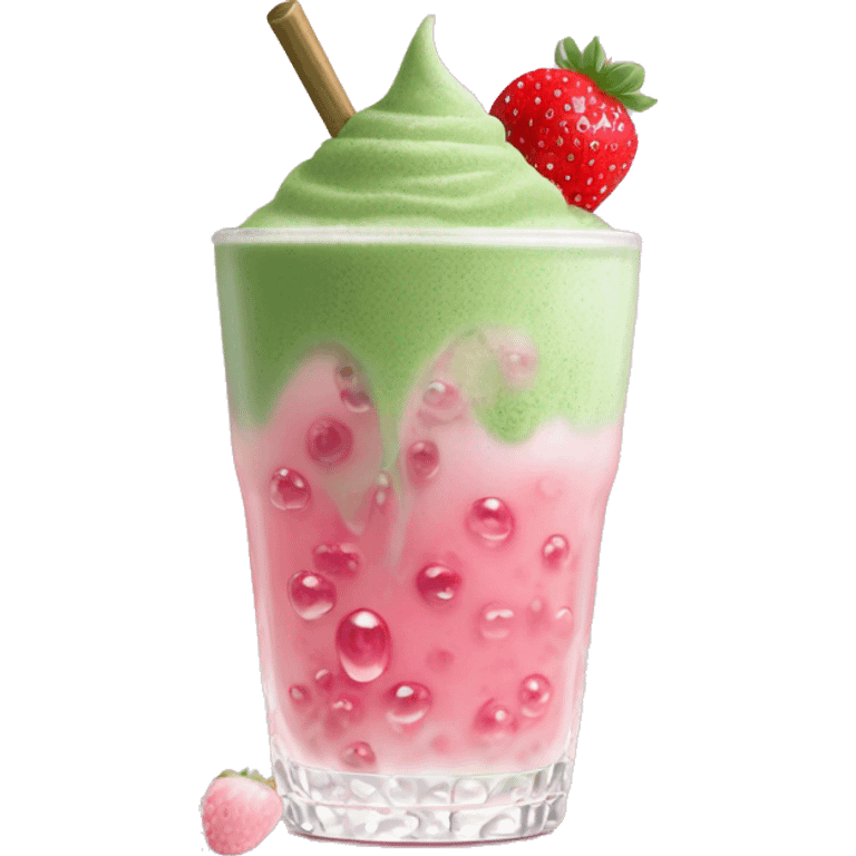 glass of ice matcha with boba pearls in the bottom covered with pink strawberry foam emoji