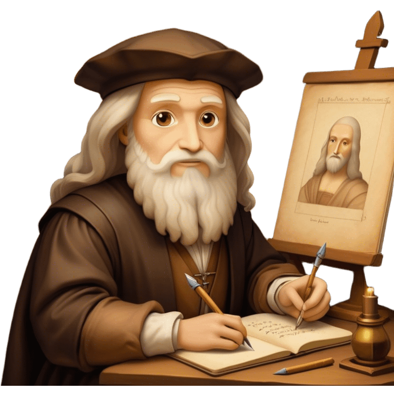 Cinematic Realistic Leonardo da Vinci Portrait Emoji, depicted as the quintessential Renaissance polymath with deep, thoughtful eyes, a flowing beard, and a quill or sketchbook in hand. The scene is illuminated with warm, classical lighting, evoking the atmosphere of a master artist’s workshop, surrounded by early sketches of inventions and masterpieces like the Mona Lisa. emoji