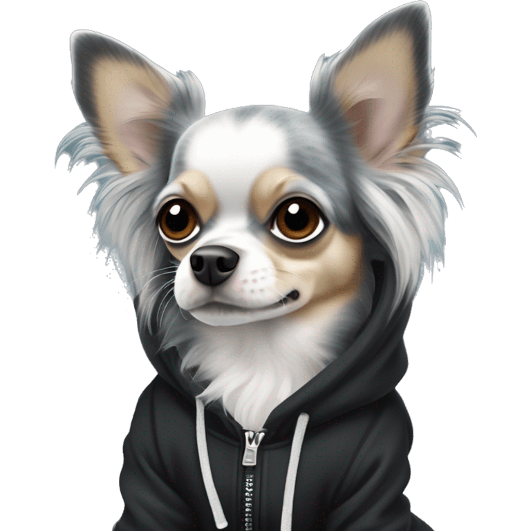 Realistic blue Merle grey long hair chihuahua dog in a black hoody emoji