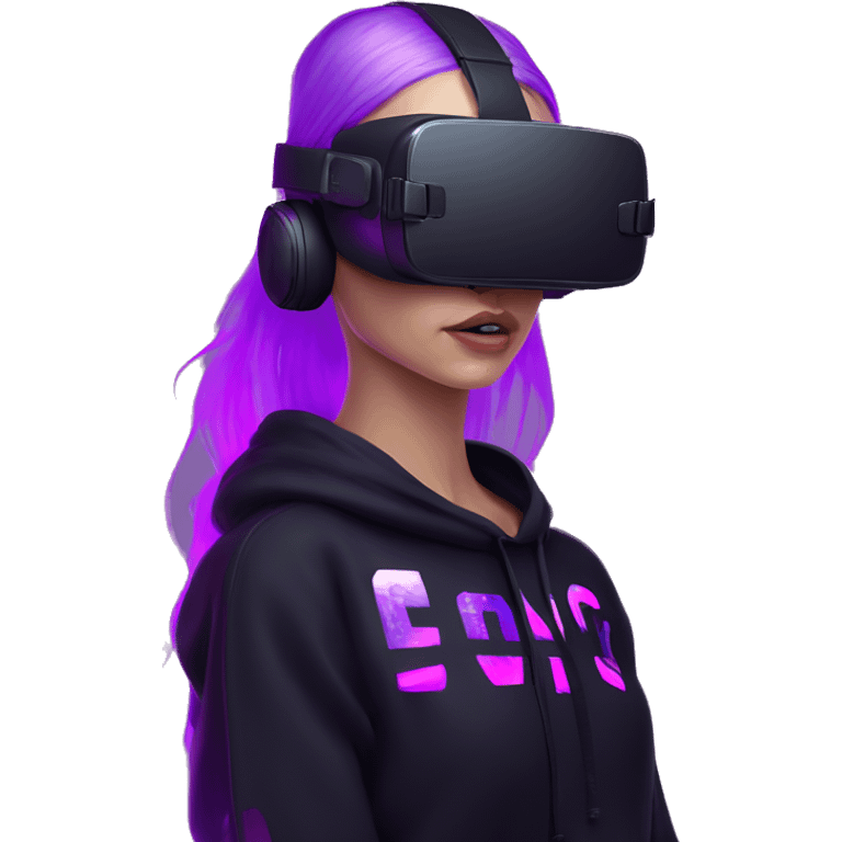 Russian girl wearing black hoody with violet letters "OMG", in vr headset. Cyberpunk style. Violet neon. emoji