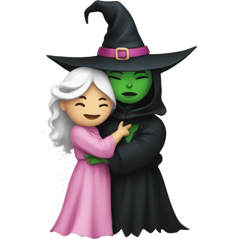 Witch dressed in black with green skin hugging pink dressed white witch emoji