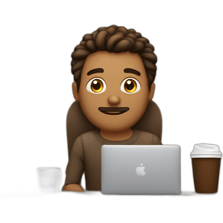 Hombre joven con pelo castaño ondulado con MacBook y un cafe emoji