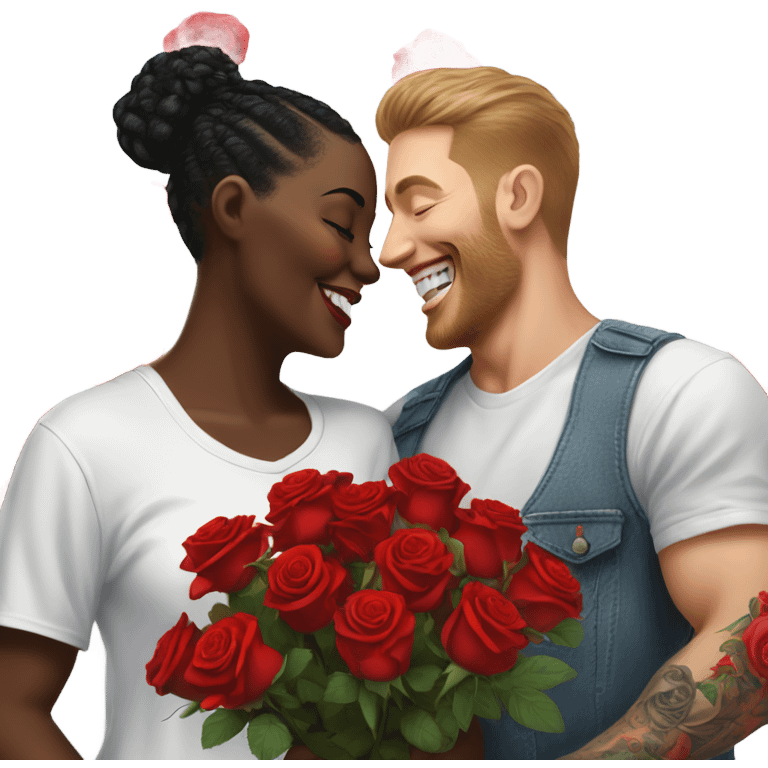 Hyper Realistic beautiful woman smells bouquet of bright red roses laughing with handsome tattooed man  emoji