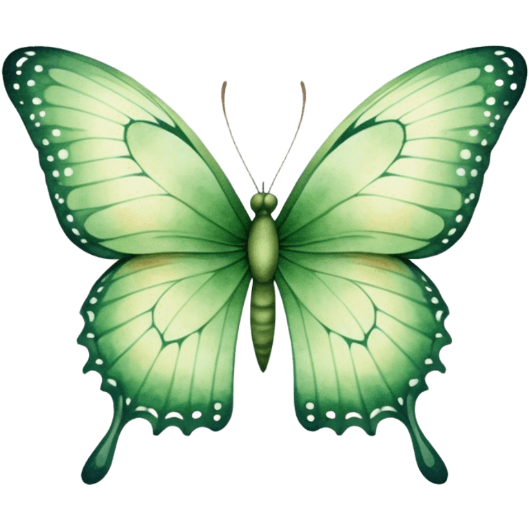 A delicate green butterfly with watercolor texture, featuring soft gradients and intricate wing details, set against a light beige background. emoji