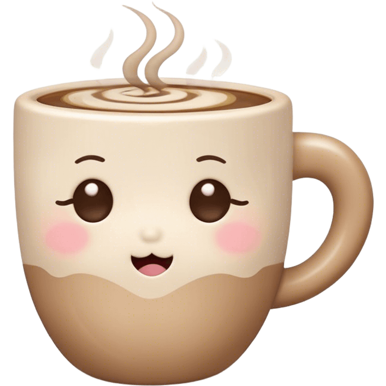 Cute Kawaii Coffee Cup, cozy and warm, a tiny swirl of steam shaped like a heart, round chubby face with a sleepy but content expression, soft pastel brown and cream colors, perfect morning vibes! emoji