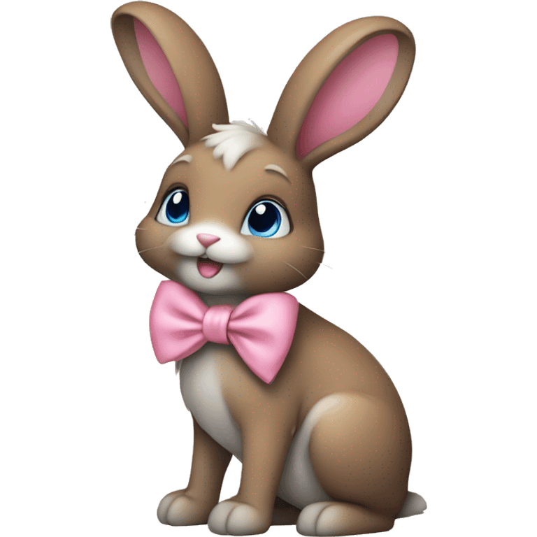 cute brown bunny with pink bow, one leg white, other gray, blue eyes emoji