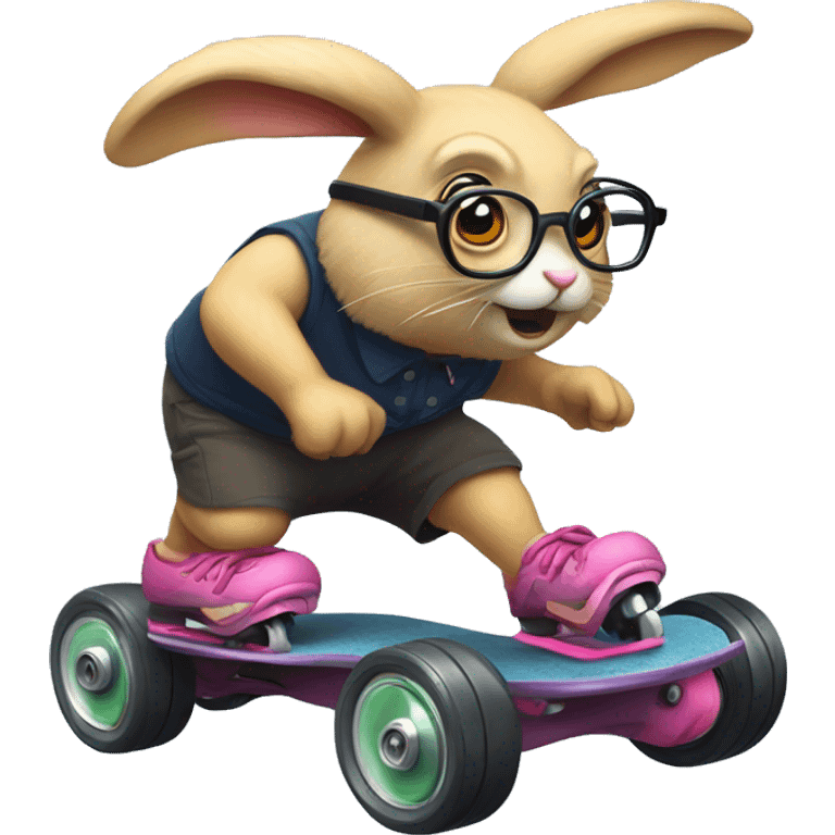 Rabbit with glasses on roller scares skates emoji