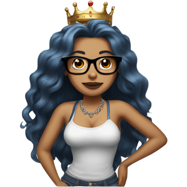 Pinupx long length hair. Wears a crown and tattoos and glasses emoji