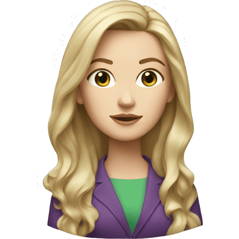 memoji of a white female in green suit, long blond hair, head tilted on one side slightly emoji