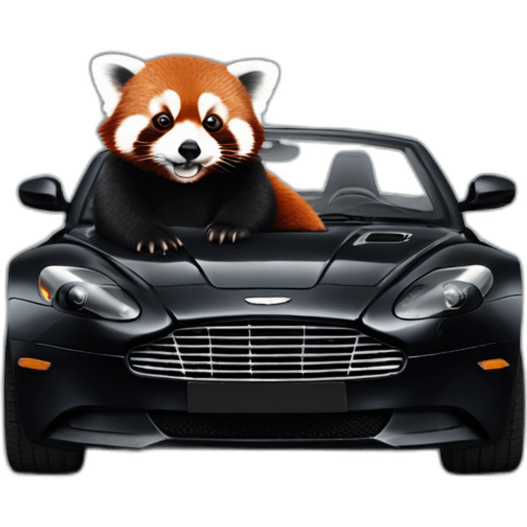 Red panda sitting in driver’s seat of a black Aston Martin emoji